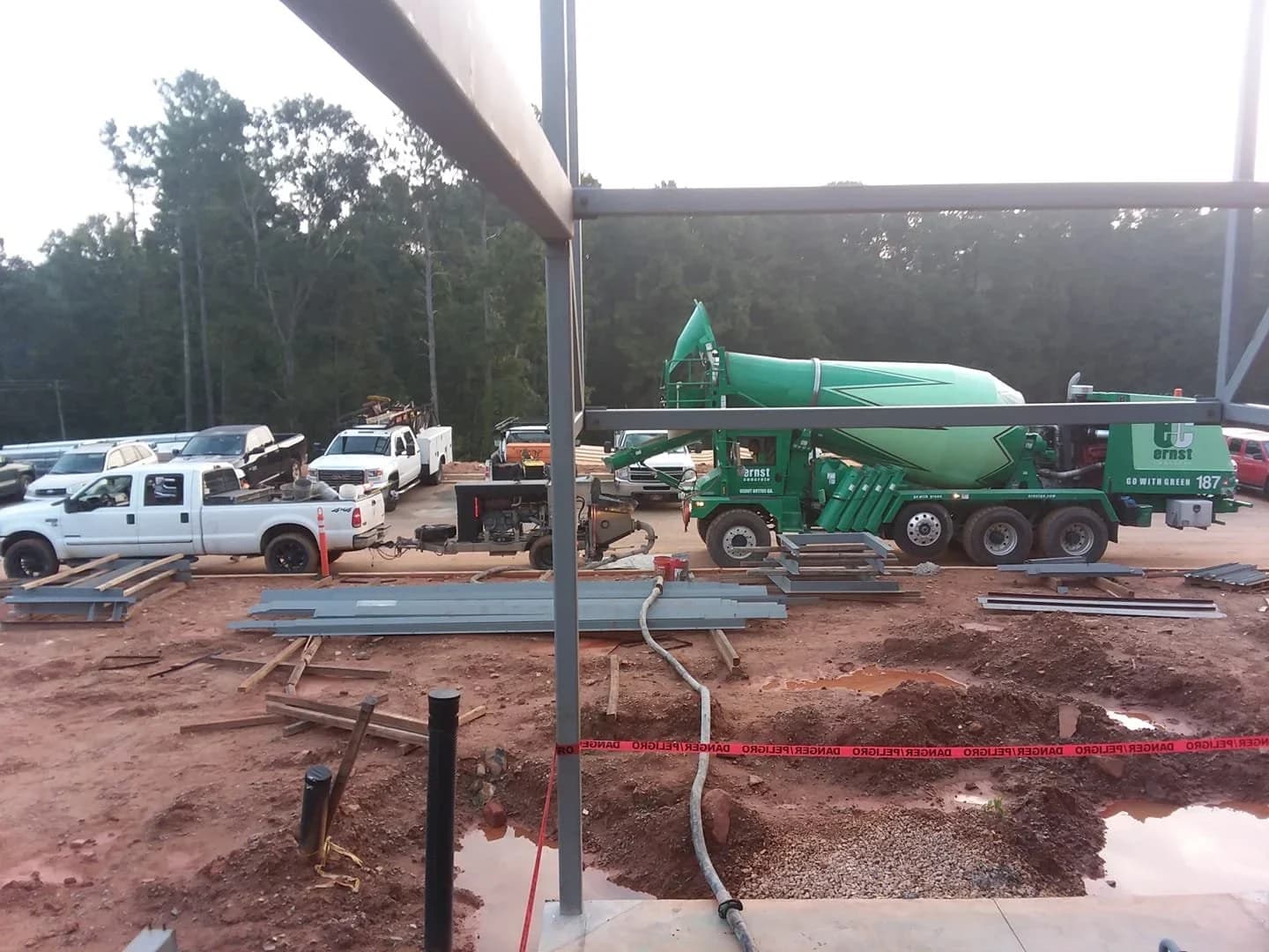 Concrete pumping equipment working at an active construction site